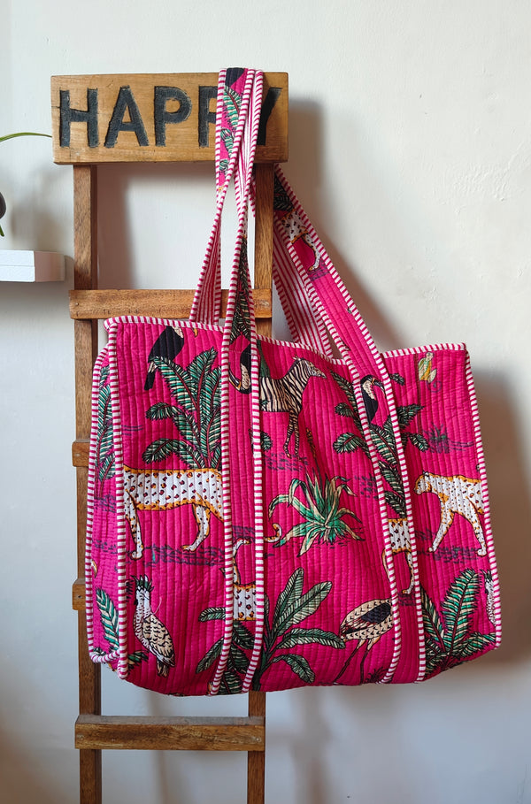 Jungle Tote- Hot Pink (With Zipper)