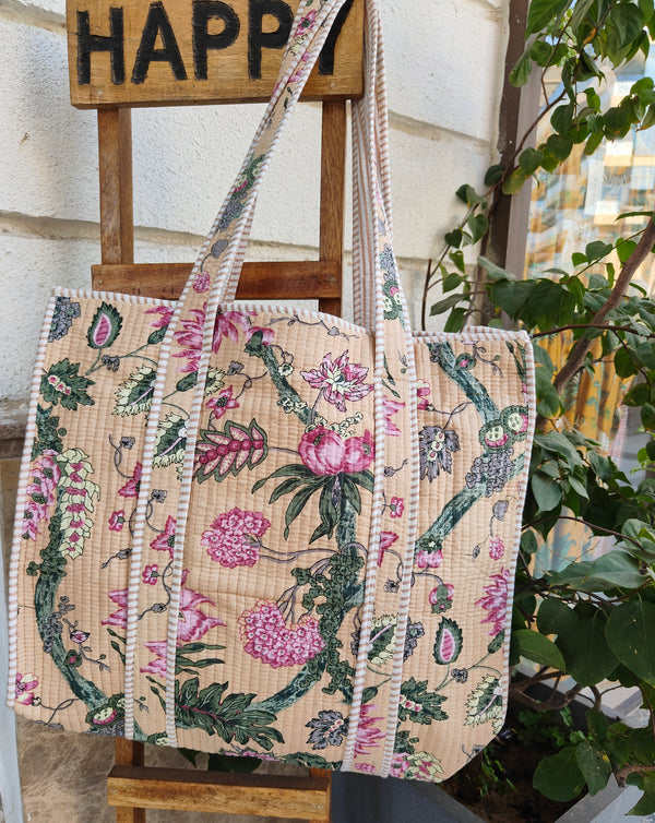 Indie Floral Tote - Beige (With Zipper)