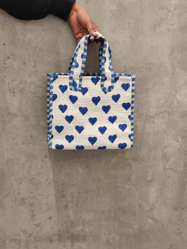 Blue Heart Mini Handblock Tote