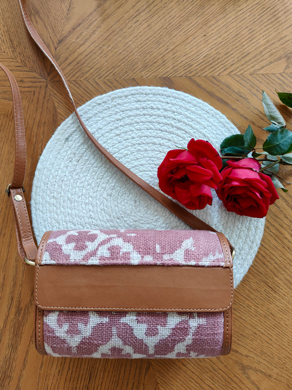 Handwoven Turkish Rose Round Clutch with Sling (Dusty Pink)